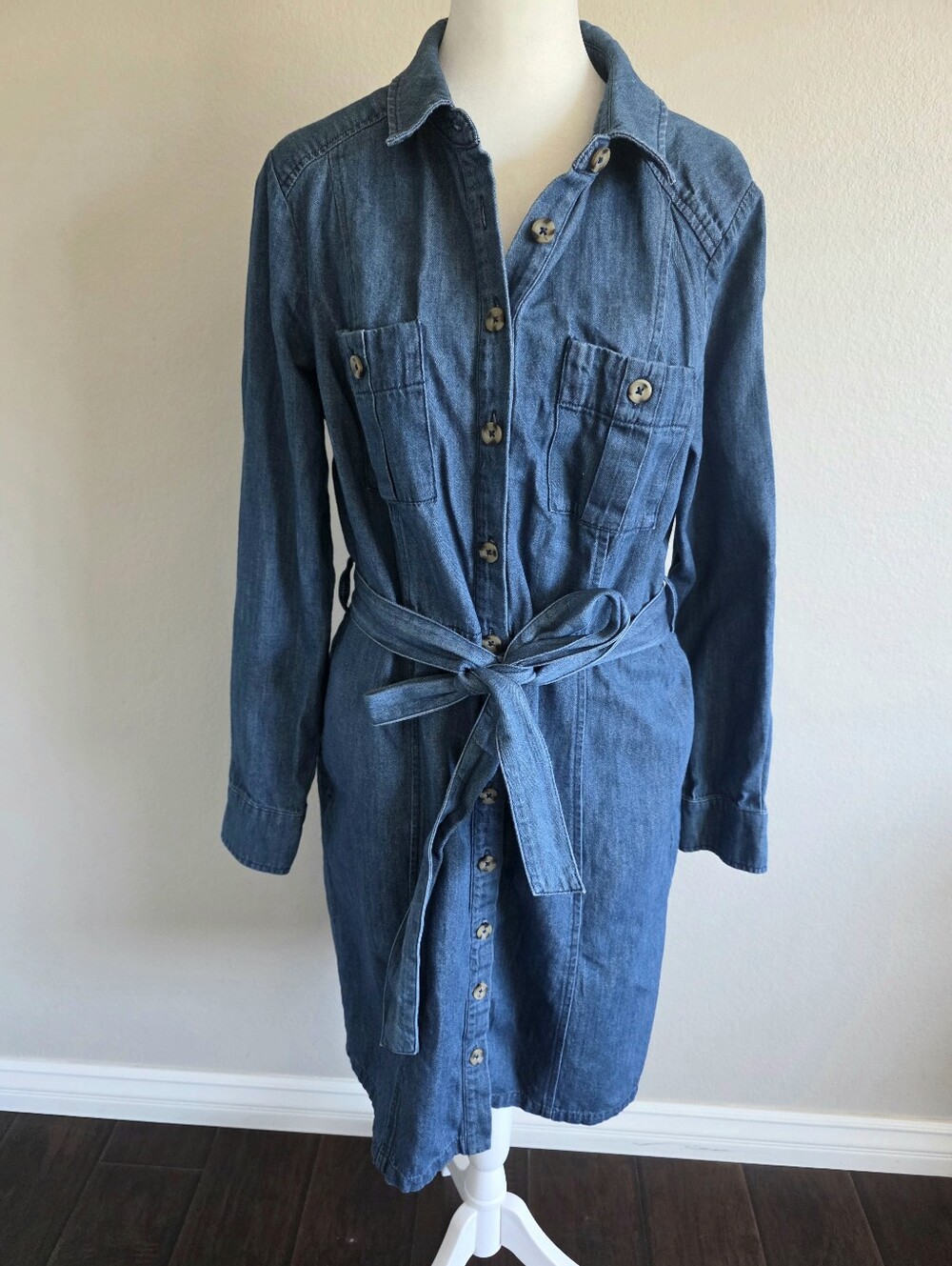 Boden Denim Shirt Dress Button Up Pockets Tie Waist 100% Cotton Size 10R Blue